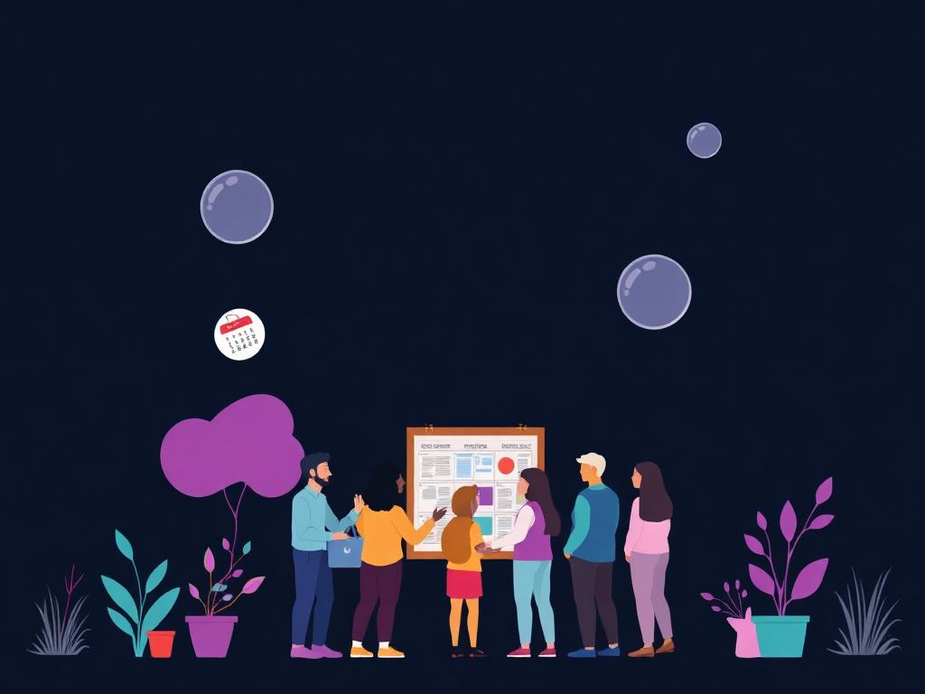 Illustration of a neighborhood group planning an event around a community board