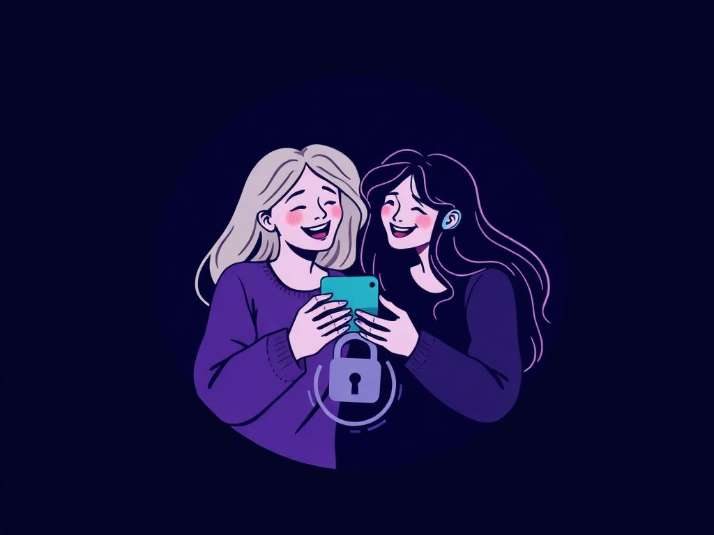 Illustration of close friends sharing a phone inside a private ring with a padlock
