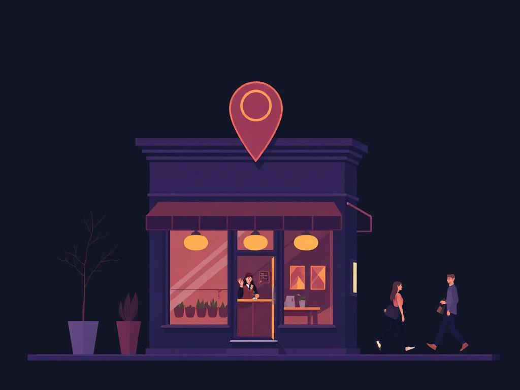 Illustration of a small coffee shop storefront with a location pin and passersby