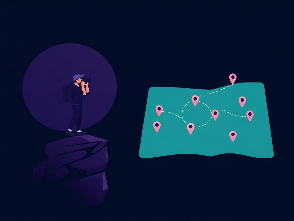 Illustration of a photographer on a cliff beside a map with photo pins connected by a dashed trail