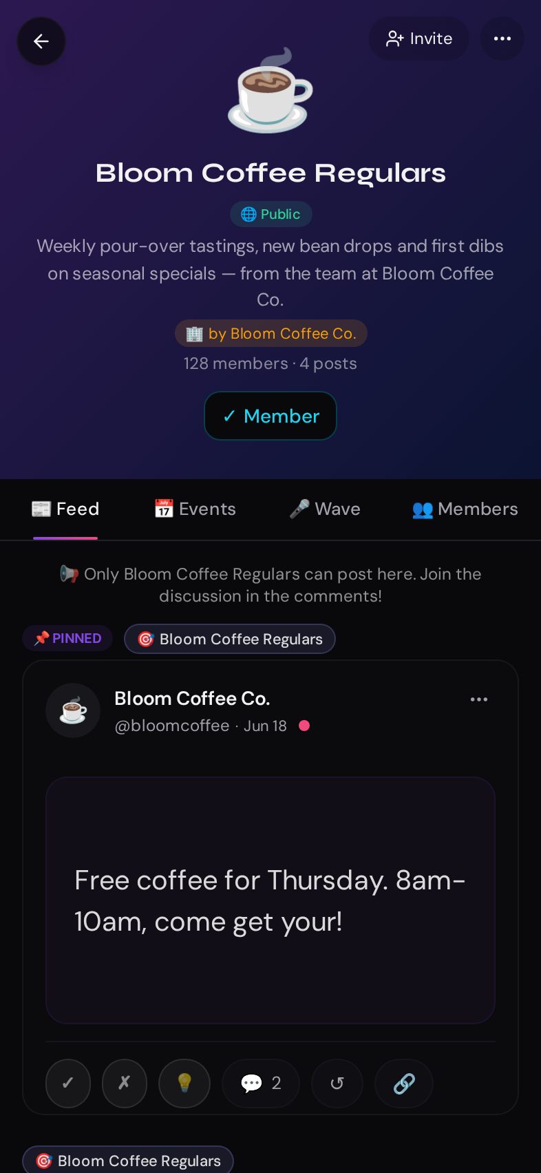 LinkConnect for Business Business Link Circles screen — Run a community around your business — posts, events and live Waves.