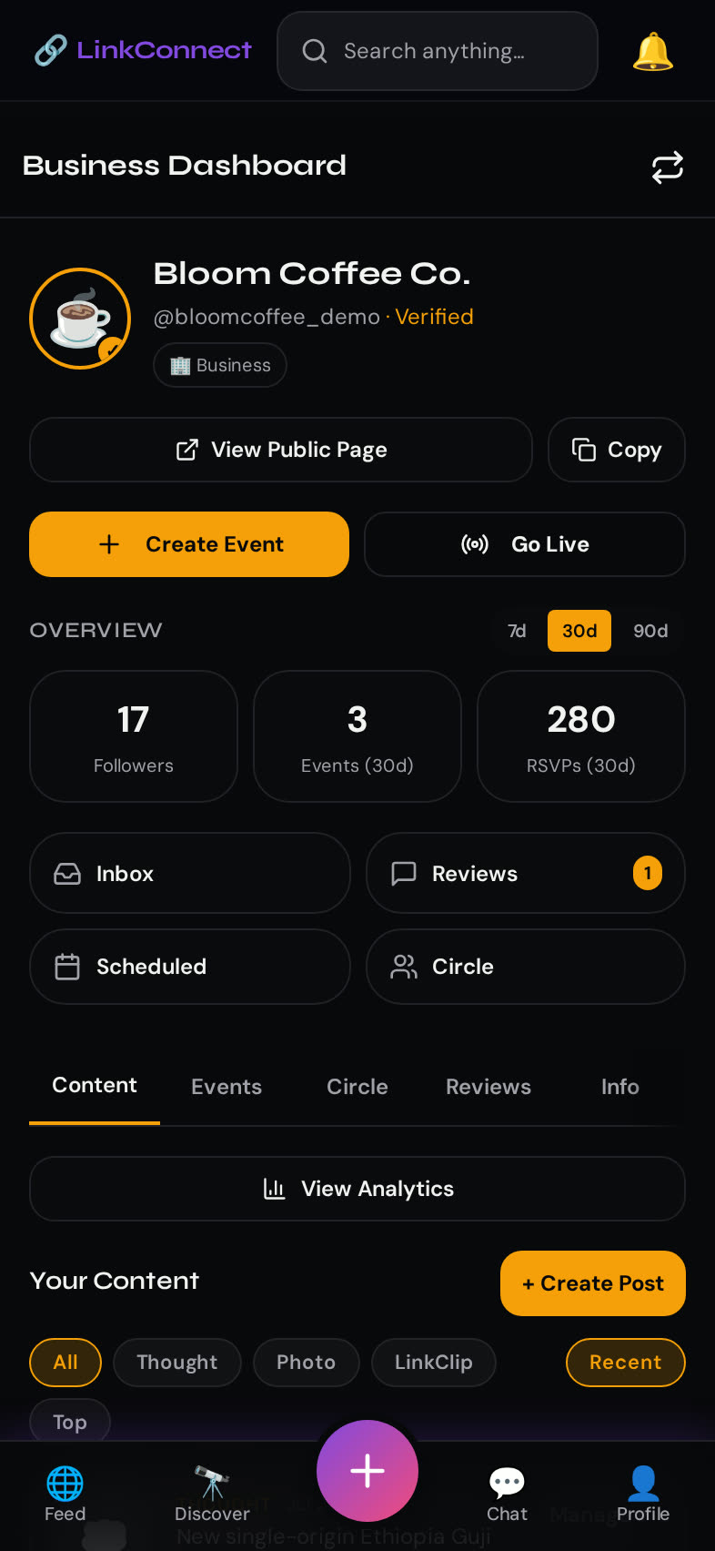 LinkConnect for Business Business Dashboard screen — Links, events, RSVPs and pending reviews in one place.