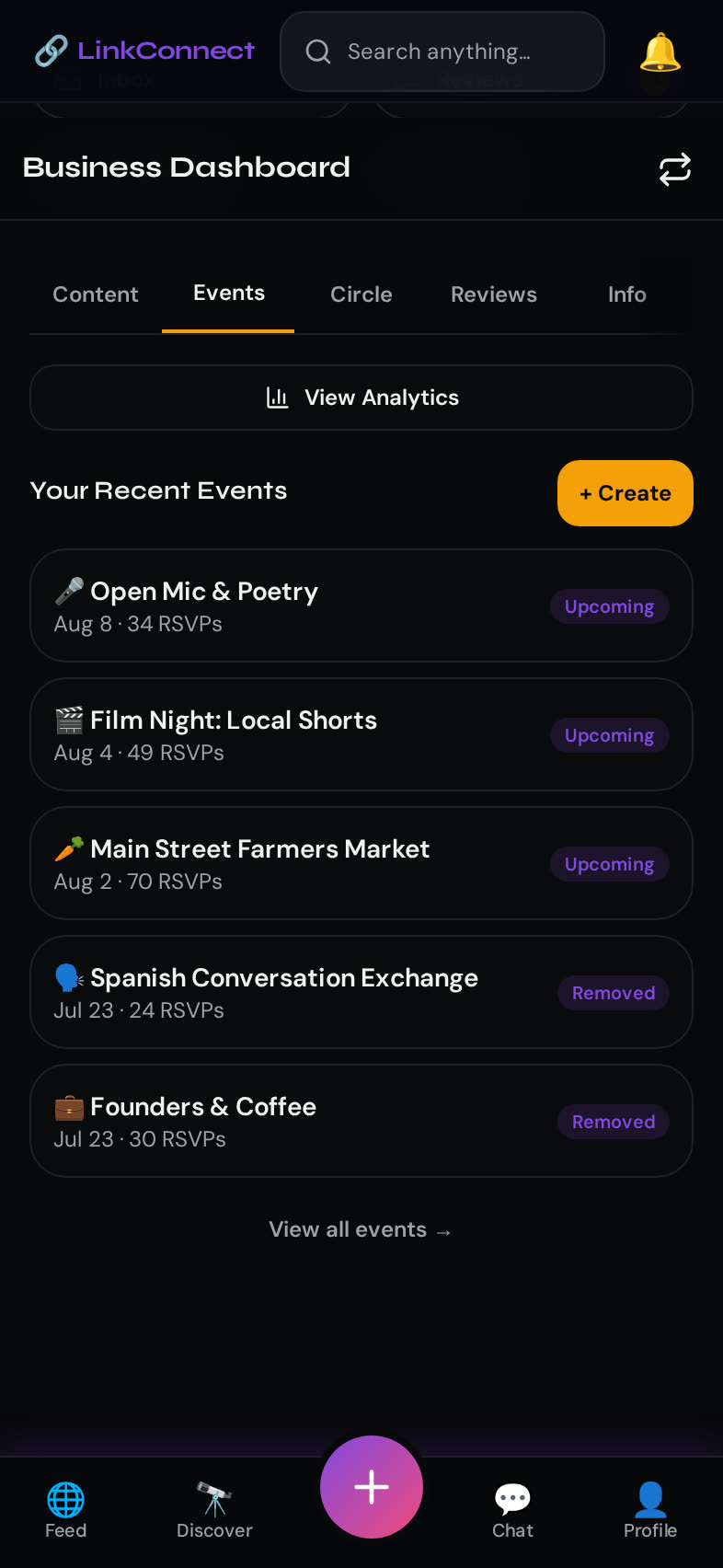 LinkConnect for Business Events screen — Host openings and workshops, track RSVPs as they come in.