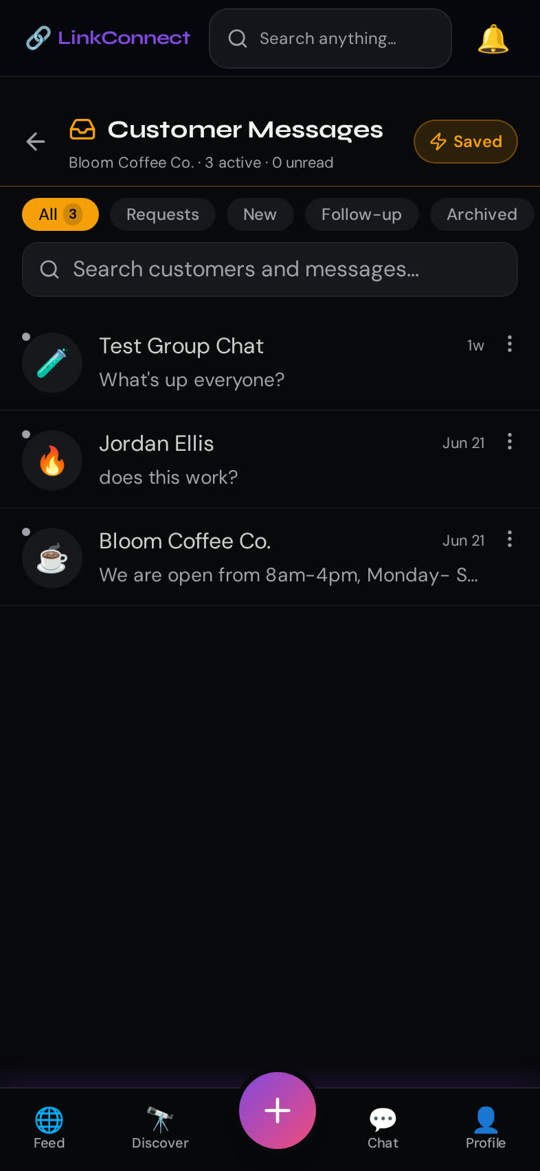 LinkConnect for Business Customer Messages screen — Encrypted inbox with follow-up flags and saved responses.