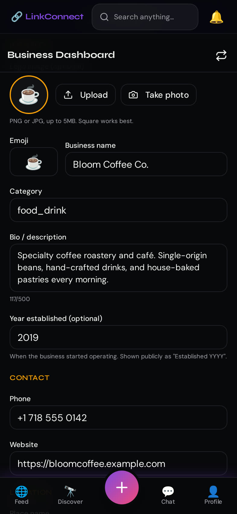 LinkConnect for Business Profile Editor screen — Logo, category, bio, hours, contact info and location.