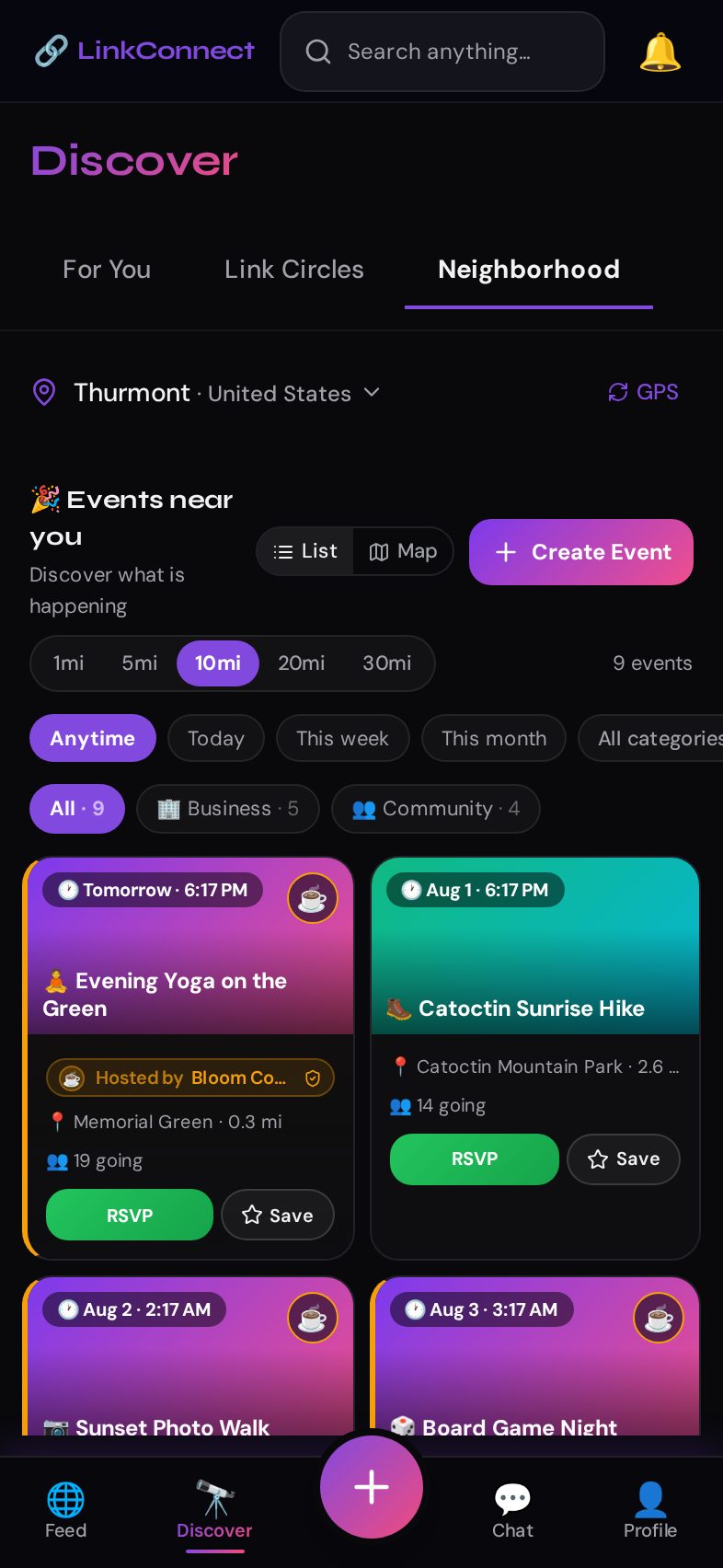 LinkConnect for Business Events in the Neighborhood screen — Your events show up on the local map and Neighborhood feed, hosted badge and all.