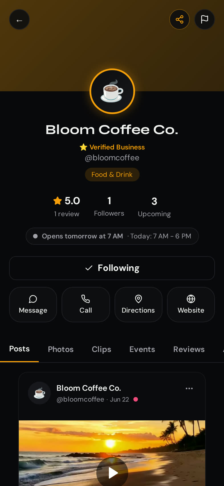 LinkConnect for Business Public Business Profile screen — Verified badge, hours, directions, call and message — all in one tap.