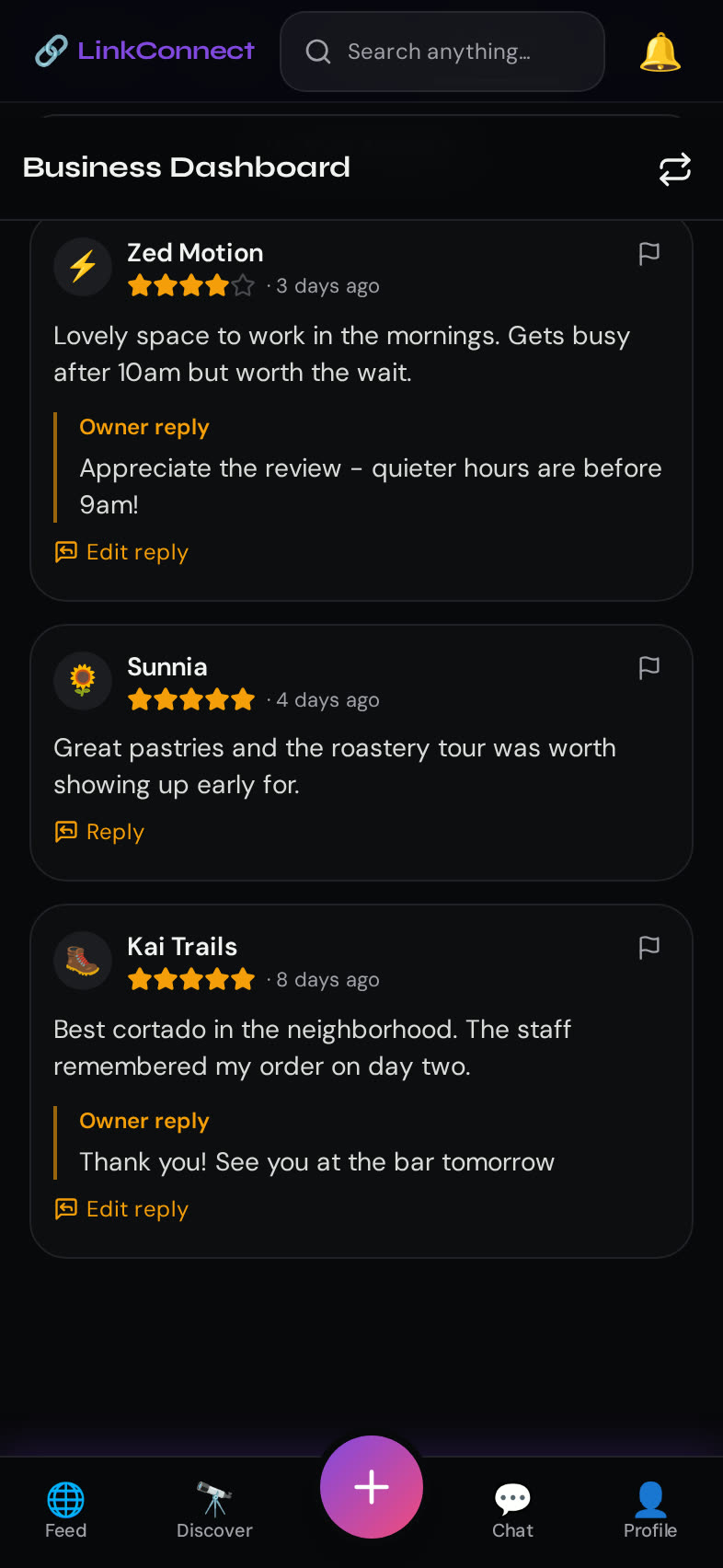 LinkConnect for Business Reviews screen — Reviews from verified humans, with public owner replies.