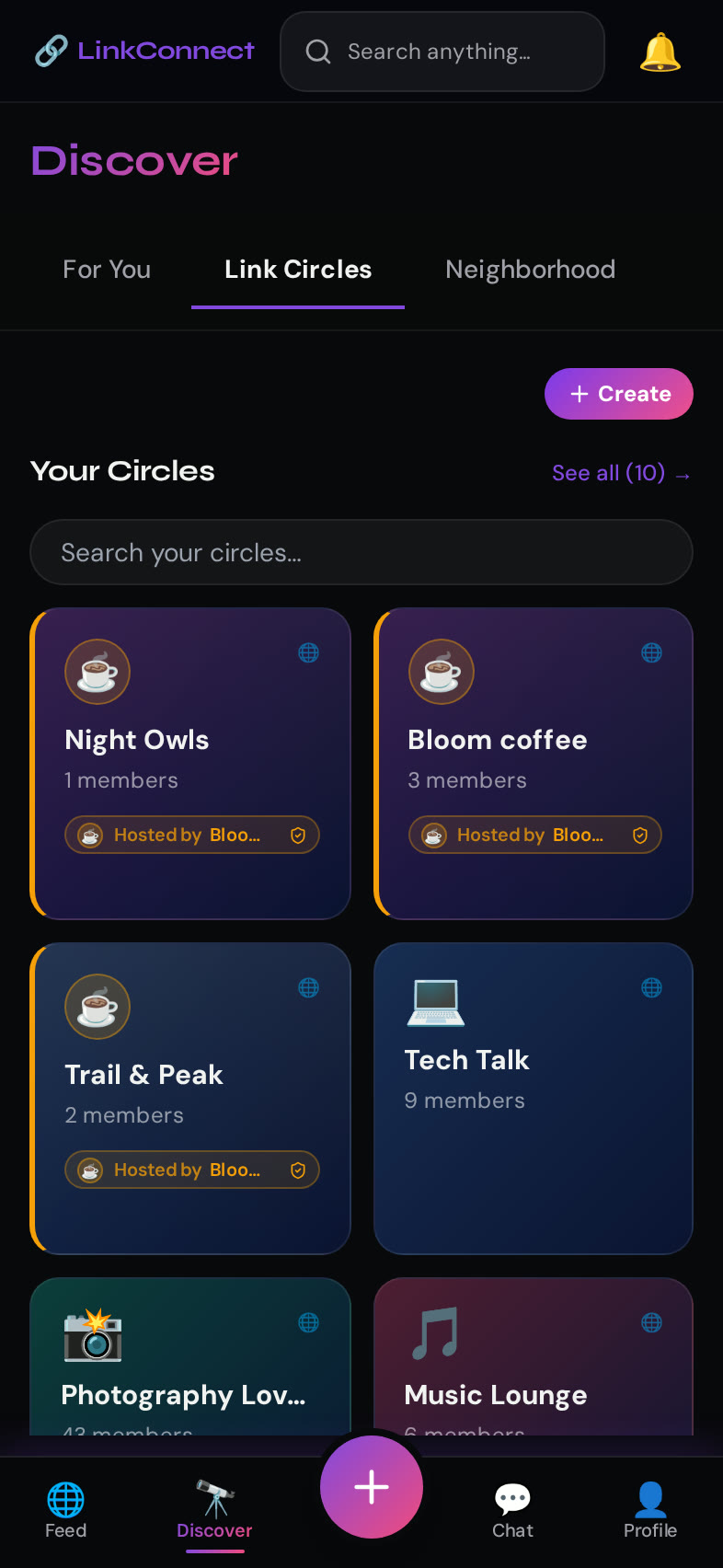 LinkConnect Link Circles screen — Small interest-based communities you join and help run.