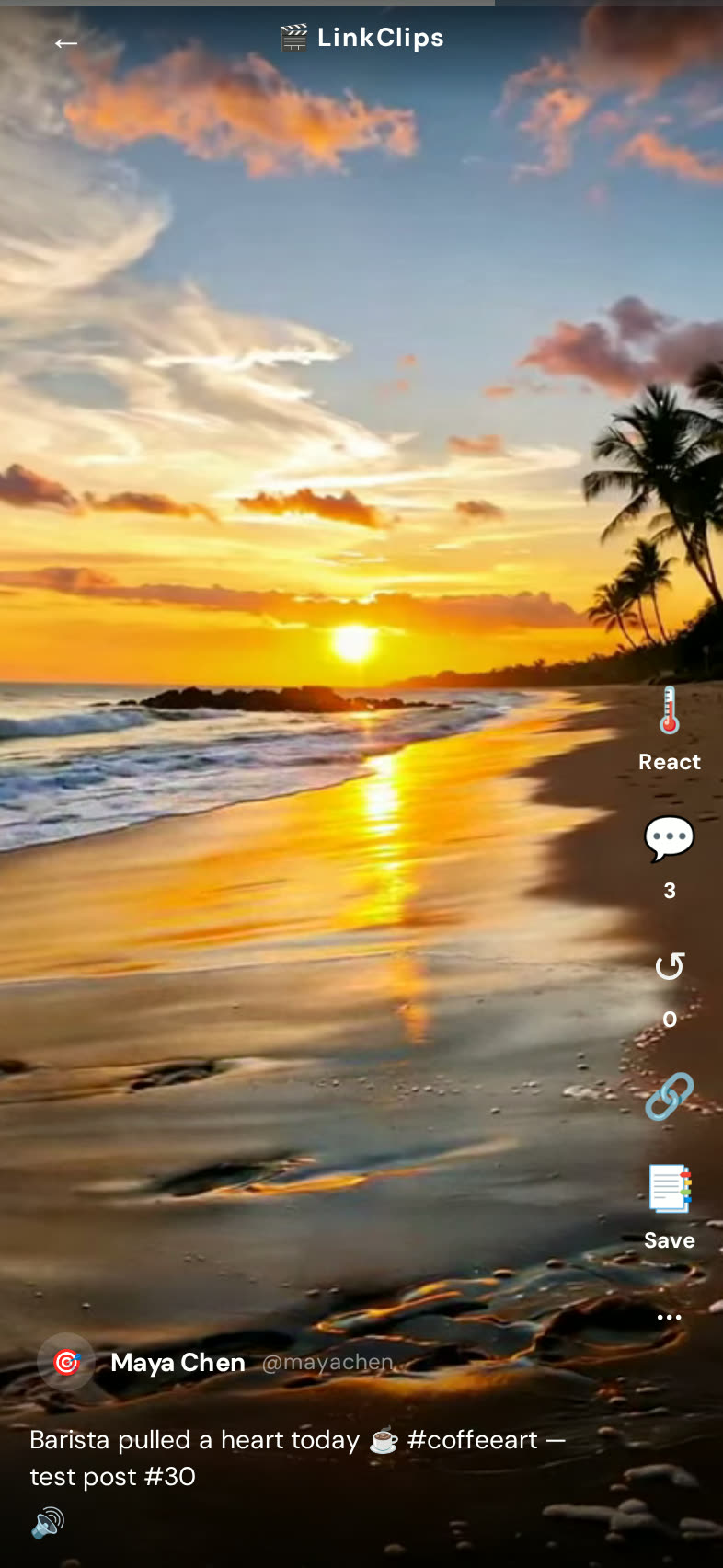 LinkConnect LinkClips screen — Short video with Temperature Reactions, not endless autoplay.