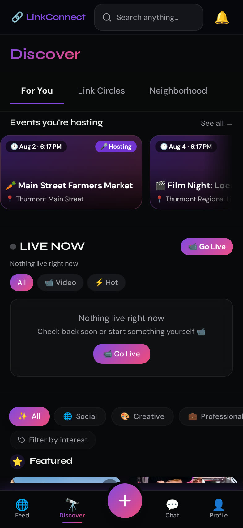 LinkConnect Discover screen with live rooms and trending tags