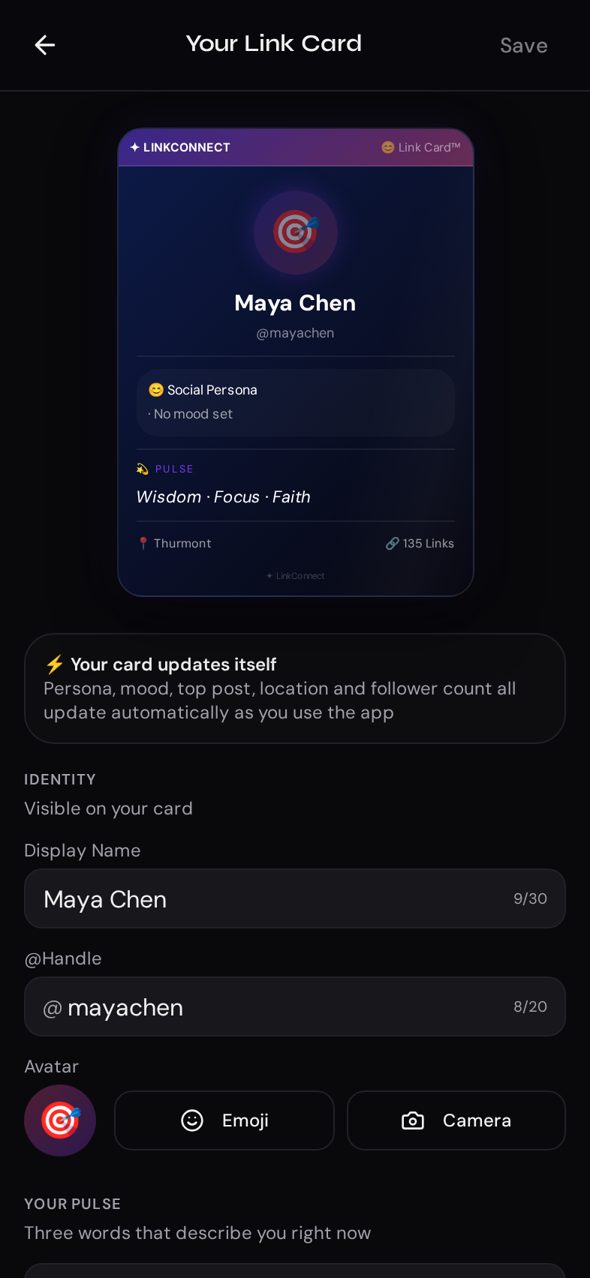 LinkConnect Link Cards screen — Your identity as a card — persona, mood, pulse words and Links.