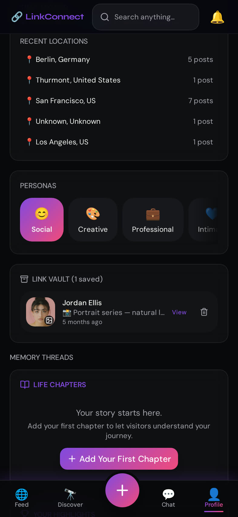 LinkConnect Link Faces screen — Switch personas — Social, Creative, Professional and more.