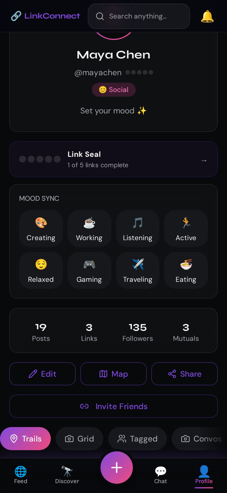 LinkConnect Mood Sync screen — Set what you're up to so people know how to reach you.