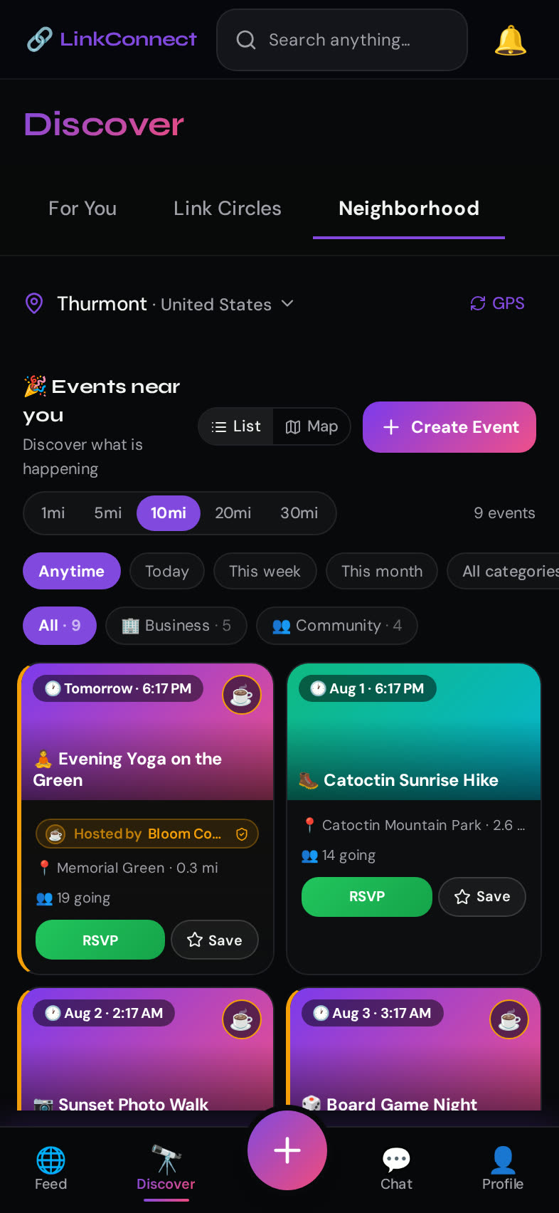 LinkConnect Neighborhood screen — Real events happening near you, on a map or in a list.