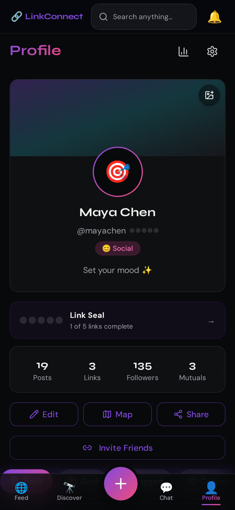 LinkConnect Profile screen — Link Seal verification, personas, mood and your Link Map.