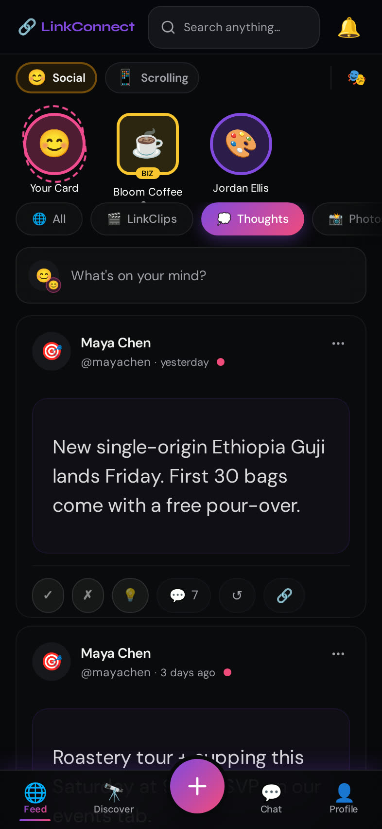LinkConnect Link Thoughts screen — Styled text posts you can agree or disagree with — no dogpiles.